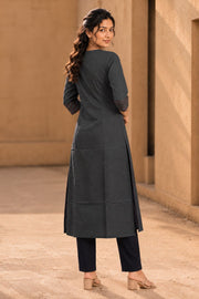 Black Hand Embroidered Cotton Kurta 10077674