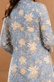 White Embroidered Midi Coat Cotton Dress with Blue Jacket 10077646