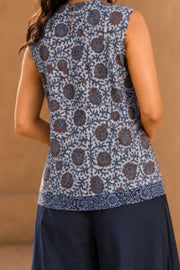 Rustic Blue Hand Embroidered Cotton Top & Pant Set 10077651