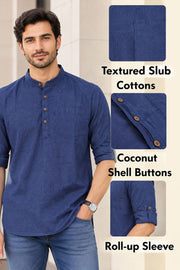 Blue Full Sleeve Slub Cotton Shirt Length Men's Kurta 10077838