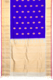 Gadwal Kuttu Weave Handloom Silk Saree in Royal Blue with Cream Peacock Motif Border 10062948