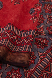 Autumn Crimson Red Ajrakh Printed Silk Cotton Saree With Floral Motifs And Zari Border 10076511