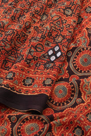 Autumn Red Ajrakh Printed Mulmul Cotton Saree With Geometric Motifs And Floral Border 10076532