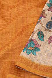 Yellow Kalamkari Printed Semi linen Silk Saree 10077245