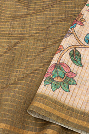 Green Kalamkari Printed Semi linen Saree 10077246