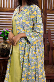 Pista Green Hand Block Printed Midi Coat Cotton Dress With Jacket 10062676