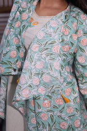 Blue Printed Midi Coat Cotton Dress With Jacket 10062645