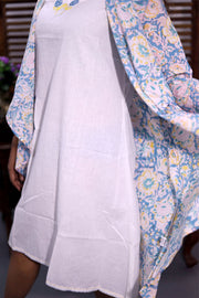 White Embroidered Midi Coat Cotton Dress With Printed Jacket 10062675