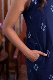 Navy Blue Handloom Cotton Dress with High Neck Design 10062662