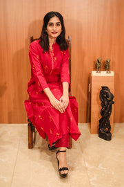 Red Hand Embroidered Cotton Kurta 10062687