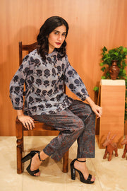 Denim Blue Hand Block Printed Cotton Kurti & Pant Set 10062679