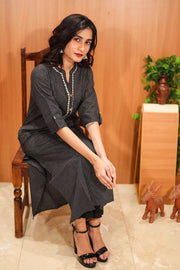 Rustic Black Hand Embroidered Cotton Kurta 