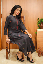 Rustic Black Hand Embroidered Cotton Kurta