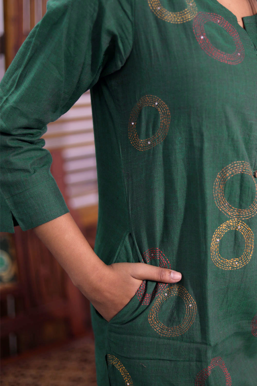 Green Hand Embroidered Cotton Kurta 10062703