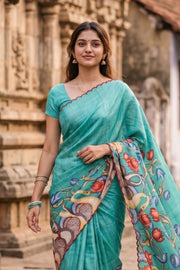 Green Printed Kalamkari Semi Tussar Silk Saree 10074913