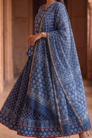 Blue Hand Block Printed Chaniya Choli with Kota Doria Dupatta 10066321