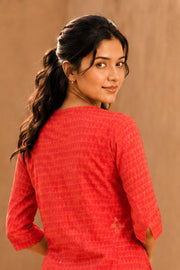 Reddish Orange Hand Embroidered Cotton Kurta 10077664