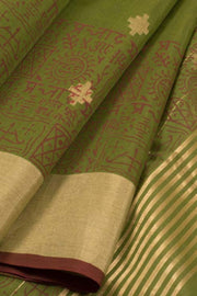 Green Hand Block Printed Chanderi Saree 10030043