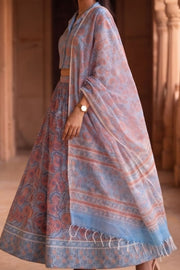 Blue Hand Block Printed Chaniya Choli With Kota Doria Dupatta  10066331