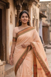 Beige Handloom Chettinad Cotton Saree With Temple Border 10077298