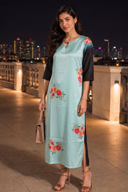 Pastel Blue Printed Vegan Charmeuse Silk Dress 10077272