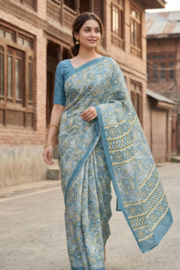 Blue Kashmiri Printed Silk Saree 10077875