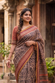 Brown Printed Semi Tussar Silk Saree 10077230