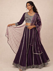 Deep Purple Silk Hand Embroidered Lehenga 10076889
