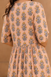 Peach Hand Block Printed Cotton Dress 10077621