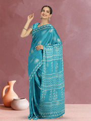 Vivid Sky-Blue Dabu Print Kota Cotton Saree 10074183