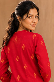 Red Hand Embroidered Cotton Kurta  10077659