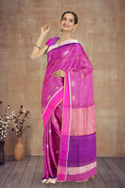 Pink Swan Motifs Chanderi Printed Silk Cotton Saree 10075931