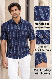 Dark Blue Half Sleeve Handloom Ikat Cotton Men's Shirt 10077859