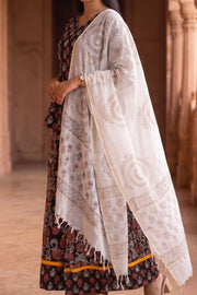 Brown Hand Block Printed Chaniya Choli with Kota Doria Dupatta 10066313