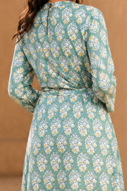 Sage Green Hand Block Printed Cotton Dress 10077620