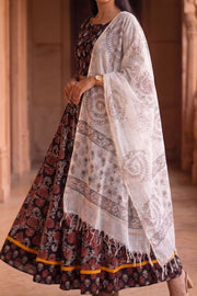 Black & Red Hand Block Printed Cotton Chaniya Choli With Kota Doria Dupatta 10066318