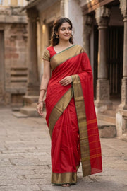 Tomato Red Handloom Chettinad Cotton Saree 10077346