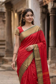 Tomato Red Handloom Chettinad Cotton Saree 10077346