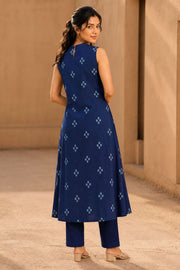 Navy Blue Handloom Cotton Dress with High Neck Design 10077635