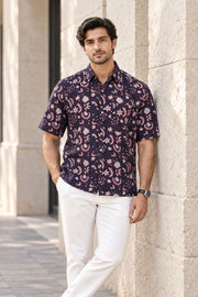 Maroon Half Sleeve Jahota Printed Cotton Mens Shirt 10074319