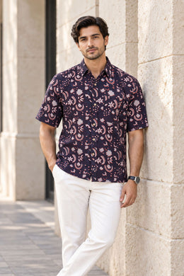 Maroon Half Sleeve Jahota Printed Cotton Mens Shirt 10074319