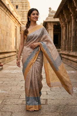 Cream Hand Block Printed Chanderi Saree 10049146
