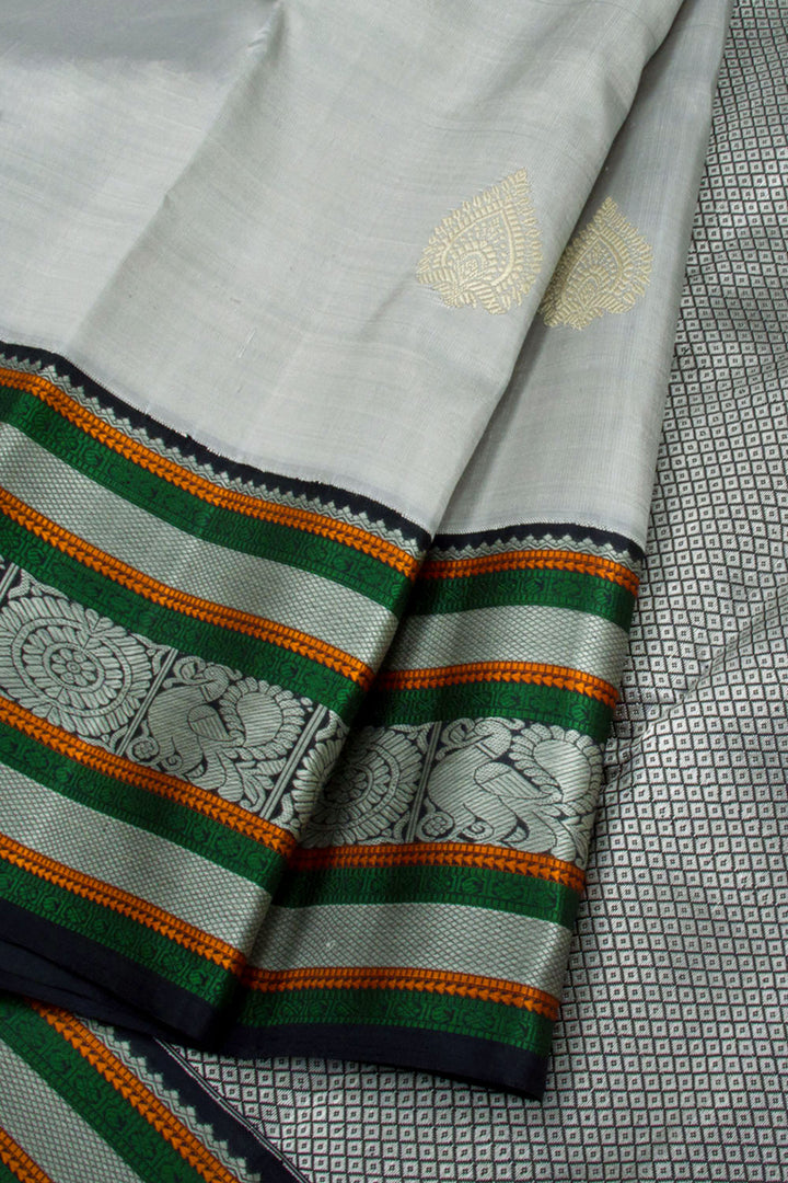 Silver Grey Threadwork Handloom Korvai Kanjivaram Silk Saree 10062491