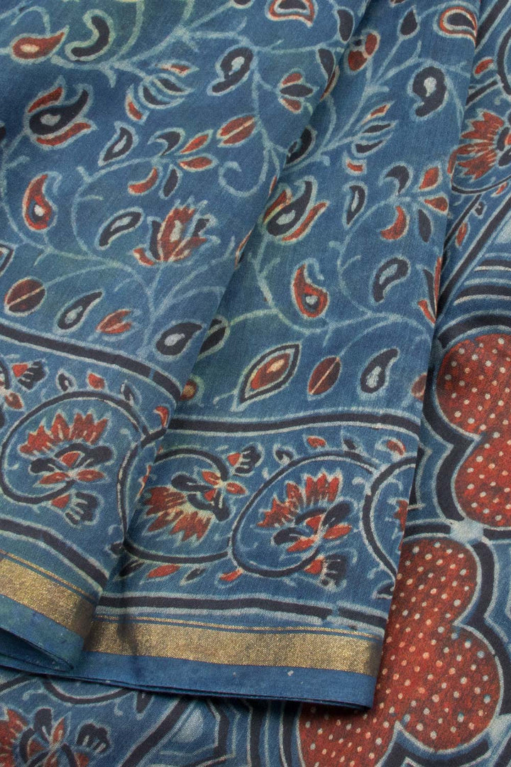 Indigo Blue Ajrakh Printed Silk Cotton Saree 10062731