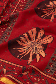 Bright Red Ajrakh Printed Mulmul Cotton Saree With Floral Border 10077403