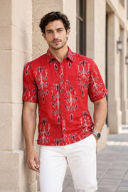 Red Half Sleeve Handloom Ikat Cotton Men's Shirt 10077856