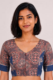 Blue Ajrakh Printed Patch Work Cotton Blouse 10068149