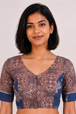 Blue Ajrakh Printed Patch Work Cotton Blouse 10068149