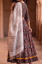 Black & Red Hand Block Printed Cotton Chaniya Choli With Kota Doria Dupatta 10066318