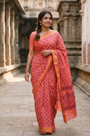 Coral Pink Floral Printed Sungudi Saree 10078049